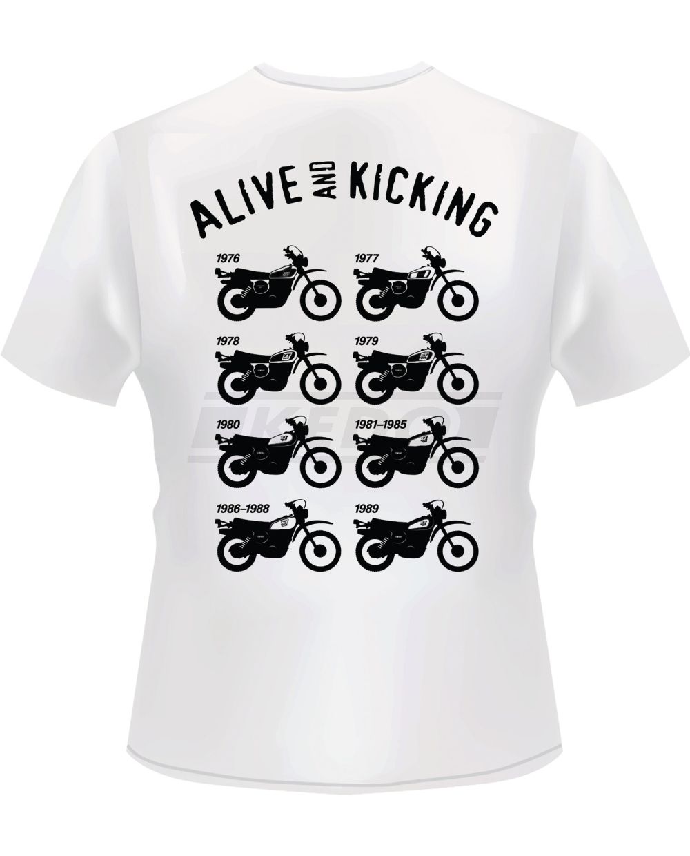 T-Shirt, Motiv: \'XT500 Modellübersicht\', Farbe: weiß, Aufdruck: hinten  schwarz, vorn rot/schwarz, Größe: L, 160g Bio-Baumwolle, 100% Baumwolle