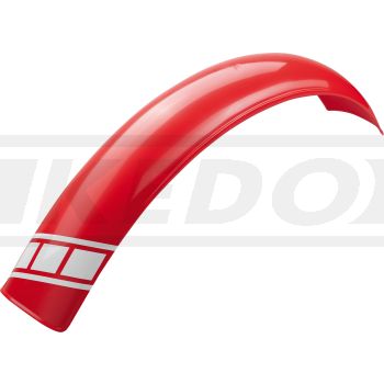Trial Vorderrad-Kotflügel Stilmotor rot durchgefärbt, Abm. ca.: 740mm lang, 100mm breit, max. 135mm Bogenmaß, inkl. 1 Stück Speedblock-Dekor weiß