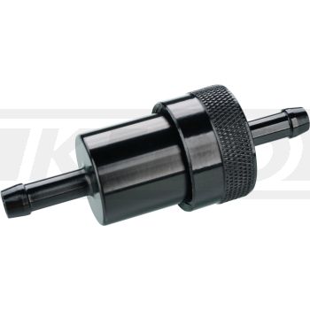 Fuel filter for 6mm fuel line, black housing aluminium - screwable, Sinter/Bronze filter - removable, Body length approx. 37mm (without fittings)