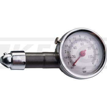 Luftdruck- / Reifendruck-Messgerät 0-7.5bar mit 45°-Anschluss, Messwert wird Gehalten zum einfachen Ablesen, Rückstellung per Knopfdruck