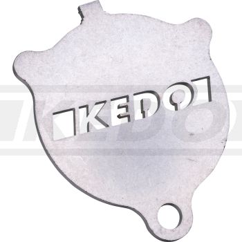 Seitenständer-Unterleger (Form wie Ölfilterdeckel SR/XT), 3mm Edelstahl verrundete Kanten, gelaserter KEDO-Schriftzug