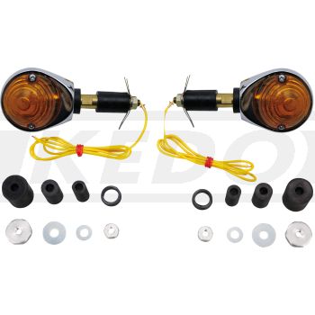 Ochsenaugen-Blinker-Set verchromt, 1 Paar, E-geprüft (12V/21W Halogen BAY9S, Ersatzleuchtmittel siehe Art. 41066)