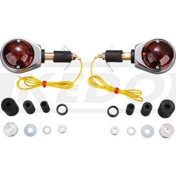 Bar End Indicator Set, Chrome Plated, 1 Pair, Black Lens, 'E'-Marked (Bulb: BAY9S 12V/21W Halogen, Spare Part see Item 41066)