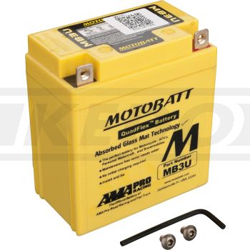 AGM-Batterie MOTOBATT 12V, wartungsfrei befüllt, auslaufsicher durch AGM-Technologie (Glasfaservlies), Typ YB3L-A bzw. YB3L-B