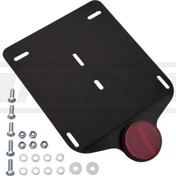 Plaque de rigidification d'immatriculation avec catadioptre rond. Alu noir, livré avec visserie. Compatible pour le support 50089