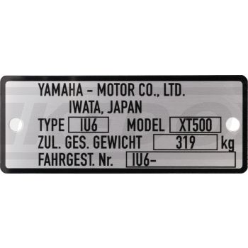 Replika Niet-Typenschild, ähnlich Original, Aluminium 0.6mm, für 1U6-Fahrgestellnummern, Variante 1 mit Abm. ca. 68.5x27mm