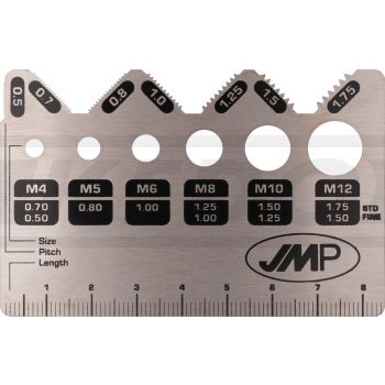 Schrauben-Messschablone M4-M12, für Durchmesser, Länge & Gewindesteigung (inkl. aufgedruckter Info bezgl. Regel-/Feingewinde, Abm. 85x55mm, V2A)