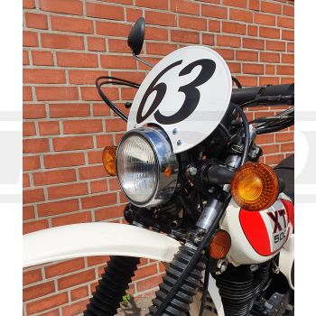 Number Plate 'Six Days', Preston Petty plastic white, ready to mount with black stainless steel brackets, for original headlight brackets, tilt +/-.