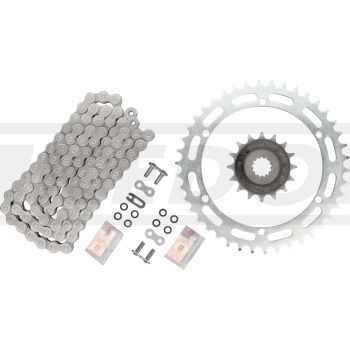 Replica Chain Set with Grey DID 520 Chain (like OEM, with clip and rivet joint), steel sprocket 42Z with original look and 16Z sprocket rubberized