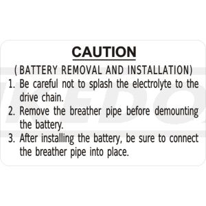 Indicating Label 'Battery Removal and Installation), transparent background, black lettering, inside LH side cover, size 61x37mm with protection film