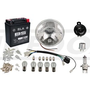 Powerdynamo Extension Kit H4, complete, incl. reflector, adapter loom, SLS-battery, bulbs, horn, flasher relay and small parts