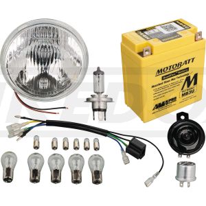 Add-On Kit H4 for Item 50544 12V Conversion, includes all bulbs, closed AGM battery, flasher relay, horn, headlight and adapter wiring loom