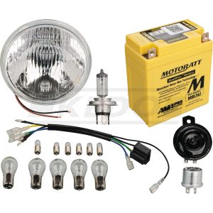 Add-On Kit H4 for Item 50544 12V Conversion, includes all bulbs, closed AGM battery, flasher relay, horn, headlight and adapter wiring loom