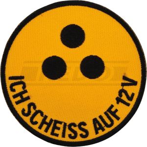 Badge 'Ich sch** auf 12V', diameter 80mm, yellow/black
