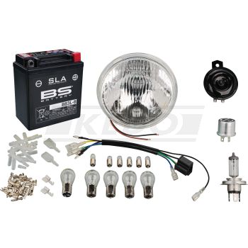 Powerdynamo Extension Kit H4, complete, incl. reflector, adapter loom, SLS-battery, bulbs, horn, flasher relay and small parts