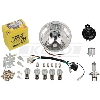 Powerdynamo Extension Kit H4, incl. reflector, adapter loom, AGM-battery, bulbs, horn, flasher relay and small parts