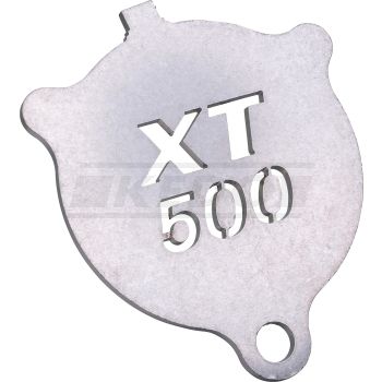 Seitenständer-Unterleger (Form wie Ölfilterdeckel SR/XT), 3mm Edelstahl verrundete Kanten, gelaserter XT-Schriftzug