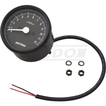 Daytona 'Mechanica II' Mini Tachometer, 12.000 rpm, 60mm diameter, housing & dial black, LED illumination, 6-12V