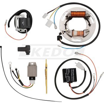 PME CDI-/Lichtmaschinen-Set, Umbau auf 12V und CDI-Zündung ohne Kontakte, Set enthält Lichtmaschinen-Stator, CDI, Zündspule, 12V Regler/Gleichrichter