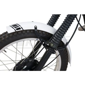 Trial Front Fender Stilmotor, white, not drilled, free positionable, incl. black aluminium brackets, milled aluminium clamps & decals