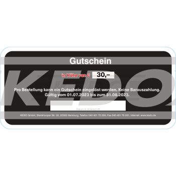 30-Jahre KEDO Gutschein EUR 30.-, gültig 01.07. - 31.08.23 nur im KEDO-Webshop